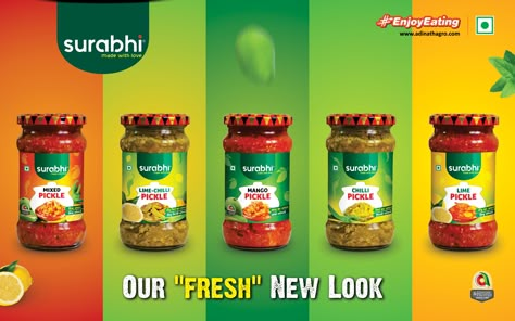 Enjoy summer with a fresh tangy twist to all your meals, now in a brand new look! Surabhi Range of Assorted Pickles now with a fresh new look! Have you tried it yet? #AdinathAgro #Surabhi #Enjoyeating #PerfectMatch #Kitchen #WednesdayTips #wednesday #Pickle #MangoPickle #MixedPickle Pickle Poster Design, Pickle Creative Ads, Pickle Branding, Pickle Label Design, Pickle Logo, Pickle Poster, Pickle Bottle, Pickle Brands, Mixed Pickle