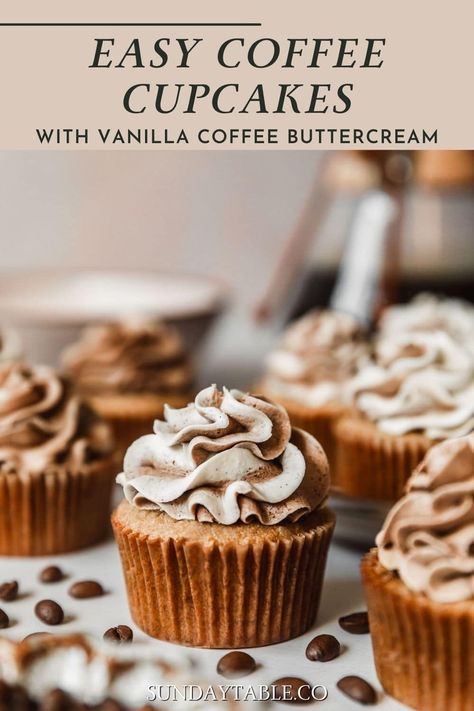 These homemade coffee cupcakes with vanilla coffee buttercream are fluffy, moist, & easy to make from scratch! With instant espresso, they're full of coffee flavor. After they're baked, the espresso cupcakes are topped with a swirled frosting. But you can try other decorating ideas too. The buttercream frosting is the best ever - light, fluffy, & not too sweet! Try filling these cupcakes with chocolate ganache or caramel sauce, or make them gluten free with a flour replacement. Beyond delicious! Vanilla Cupcake Variations, Coffee Cupcake Design, Espresso Brownie Cupcakes With Coffee Buttercream, Coffee Cupcake Ideas, Coffee Theme Cupcakes, Espresso Cupcakes Recipe, Coffee Flavored Cupcakes, Coffee Themed Cupcakes, Coffee Cupcakes Recipe