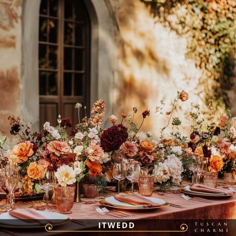 Colors and Flowers:
Terracotta (#C38B72):
Flowers: Terracotta Roses, Coral Peonies, Rust-colored Zinnias, Burnt Orange Ranunculus, Copper Amaranthus.
Golden Wheat (#F5DEB3):
Flowers: Creamy Peonies, Beige Roses, Wheat Stalks, Ivory Lisianthus.
Chianti Red (#6C1E20):
Flowers: Burgundy Roses, Burgundy Calla Lilies, Deep Red Carnations, Wine-colored Ranunculus.
Olive Green #BAB86C):
Flowers: Olive Branches, Eucalyptus, Succulents, Green Hydrangeas.
Burnt Sienna (#E97451):
Flowers: Orange Roses, Copper Amaranthus, Zinnias, Protea. Terracotta Roses, Beige Roses, Orange Ranunculus, Burgundy Roses, Coral Peonies, Red Carnation, Olive Branches, Wedding In Tuscany, Flowers Orange