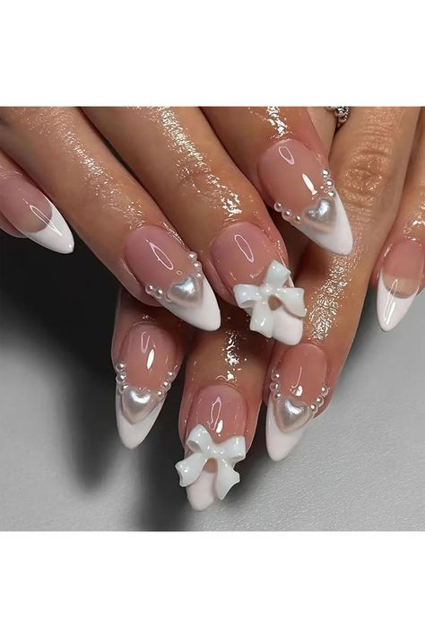 24Pcs Almond Press on Nails French Tip Glue on Nails 3D Bow Pearl Heart Design Medium Length Fake Nails White Nail Tips Glossy Acrylic Press on Nails Cute Stick on Nails for Women Manicure DIY Nails With Bows, Bow Nail Designs, White French Nails, Fake Nails White, Nagellack Trends, Manicure Diy, White French, Pink Acrylic Nails, Stick On Nails