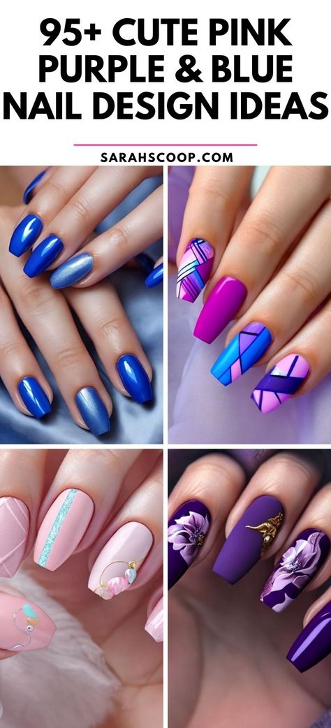 Check out these dazzling pink, purple, and blue nail designs! 💗💜💙 #nailinspo #pink #purple #blue Pink Nails With Blue Design, Blue And Pink Gel Nails, Blue Purple Nails Ideas, Pink Blue Nails Designs, Hot Pink And Purple Nails, Purple And Blue Nails Designs, Blue And Purple Nails Designs, Pink And Purple Nails Designs, Pastel Pink Nail Designs