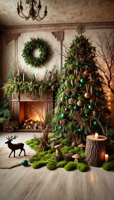 Forest Christmas Decor, Enchanted Forest Christmas, Green Christmas Tree Decorations, Woodland Christmas Tree, Christmas Tree Forest, Forest Christmas, Christmas Forest, Christmas Decor Inspiration, Christmas Tree Inspiration