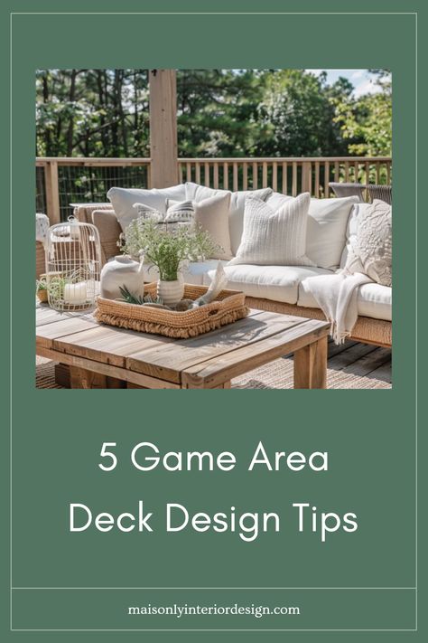 Get the ultimate ideas for adding game areas to your outdoor deck with these 5 useful tips. From choosing the right deck materials to incorporating playful features like table tennis or cornhole, discover how to make your deck a fantastic space for both relaxation and entertainment. A well-designed game area not only transforms your deck into a fun haven for family and friends but also adds value to your home. Make the most of your outdoor living with these creative and practical tips for deck design that accommodates fun games! Outdoor Deck Furniture Layout, Small Deck Furniture Layout, Small Deck Furniture, Adding Game, Deck Furniture Layout, Game Area, Deck Dining, Deck Accessories, Porch Windows