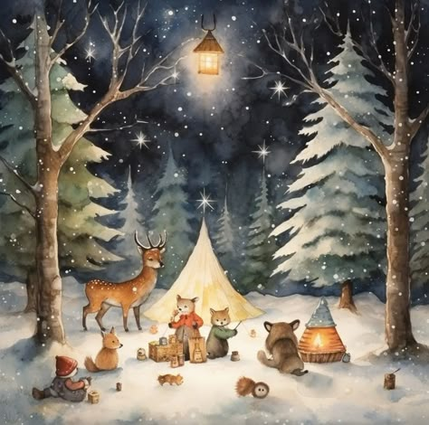 Knitting Cartoon, Christmas Camping, Christmas Whimsy, Animal Paintings Acrylic, Snow Illustration, Woodland Animal Art, Beautiful Christmas Scenes, Christmas Posts, Cozy Art