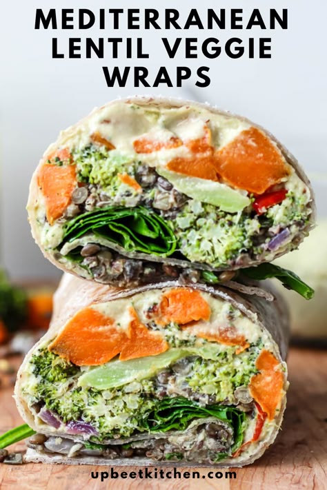 These Mediterranean lentil veggie wraps make the perfect vegan weekday lunch or supper. Packed with lemony lentils, spinach, roasted veggies, lemon tahini sauce, hummus, and spinach, these are packed with protein and staying power! #veganlunch #vegansupper #lentils #broccoli #healthyrecipe #veganrecipe Veggie Hummus Wrap, Wraps Vegan, Lemon Tahini Sauce, Hummus Wrap, Vegan Wraps, Veggie Wraps, Tahini Sauce, Think Food, Vegan Lunch