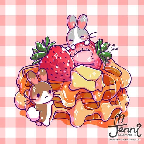 1,867 Likes, 25 Comments -  J E N N I  (@jennillustrations) on Instagram: “Nom nom nom waffles  . . . #waffles #foodart #strawberries #bunnylover #jennilustrations” Strawberry Pancakes, Nom Nom Nom, Art Kawaii, Super Kawaii, Cute Animal Drawings Kawaii, Cute Kawaii Drawings, Kawaii Animals, Dessin Adorable, Kawaii Wallpaper