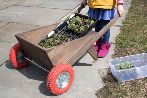 How to Build A Kid-Sized Wheelbarrow Diy Wheelbarrow, Wheelbarrow Planter, Work Van, Garage Car, Car Lift, Kids Homemade, Garden Cart, Wooden Wheel, Hanger Diy