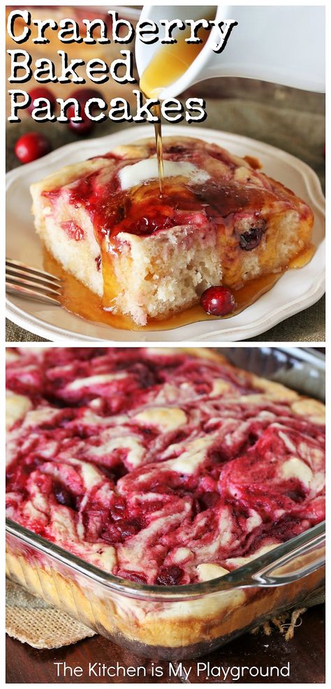 Cranberry Baked Buttermilk Pancakes (with leftover cranberry sauce!) ~ Looking for a great recipe for leftover cranberry sauce? Enjoy it for breakfast with these super easy & super tasty Cranberry Baked Buttermilk Pancakes! EASY because they're baked instead of individually-made standing at the stove top. #bakedpancakes #cranberrypancakes #leftovercranberrysauce www.thekitchenismyplayground.com Cranberry Breakfast Recipes, Buttermilk Pancakes Easy, Cranberry Baking, Jellied Cranberry Sauce, Canned Cranberry Sauce, Thanksgiving Breakfast, Leftover Cranberry Sauce, Flour Substitute, Baked Pancakes