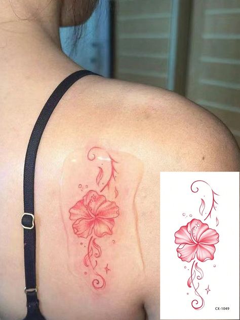 1pc Waterproof Sweatproof Washable Non-Reflective Temporary Tattoo Sticker, Couple Red Flower Art Design, Suitable For Daily Use Of Trendy PeopleI discovered amazing products on SHEIN.com, come check them out! Partynextdoor Tattoo, Flower Art Design, Hibiscus Flower Drawing, Hibiscus Flower Tattoos, Flower Spine Tattoos, Cute Simple Tattoos, Hibiscus Tattoo, Pretty Hand Tattoos, Flower Tattoo Shoulder