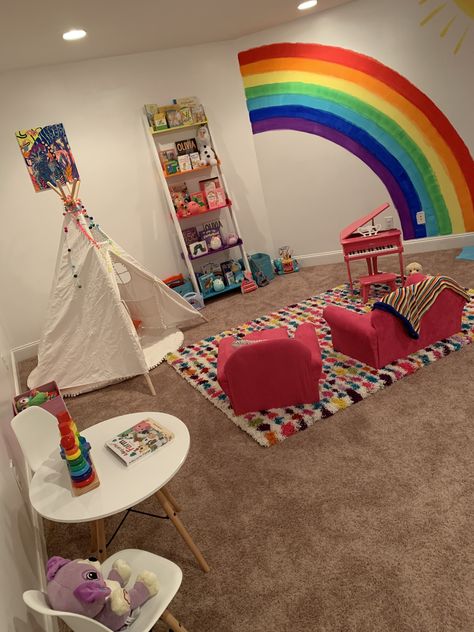 Playroom Ideas Rainbow, Bright Playroom Ideas, Rainbow Play Room, Colourful Playroom Ideas, Rainbow On Wall Kids Rooms, Playroom Bright Colors, Boys Rainbow Bedroom, Rainbow Wall Paint Girl Rooms, Rainbow Room Ideas