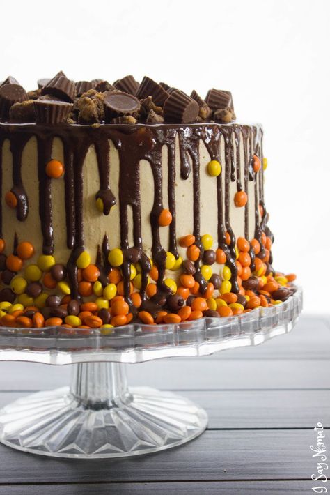 Chocolate and Peanut Butter Drip Cake - I Say Nomato Nightshade Free Food Blog Peanut Butter Drip Cake, Drip Cake Recipes, Halloween Cake Recipes, Chocolate And Peanut Butter, Oreo Brownies, Peanut Butter Cake, Fall Cakes, Birthday Cake Recipe, Oreo Dessert