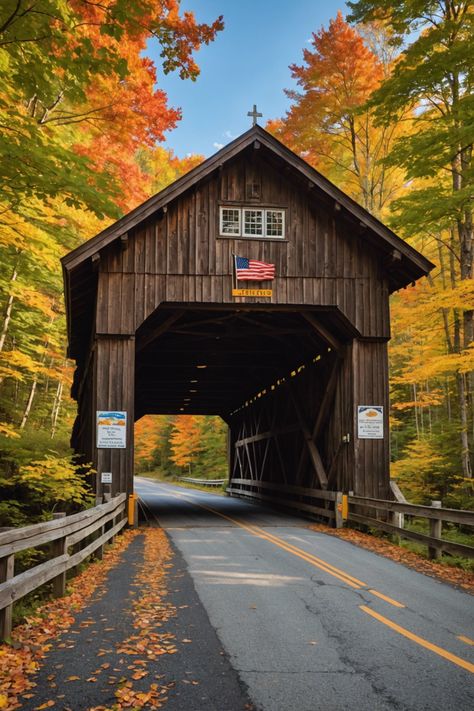 Charming Crossings: Exploring Vermont’s Picturesque Covered Bridges Vermont Fall, Old Bridges, American Barn, Best Nature Images, Montmartre Paris, Wooden Bridge, Covered Bridge, Autumn Scenes, Bridge Design