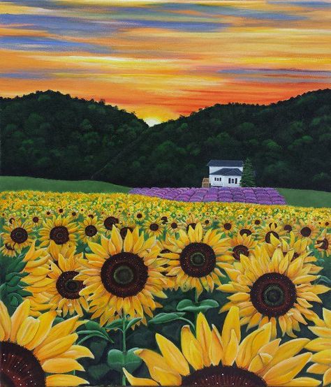 Field of Sunflowers and Lavender; How to Make Acrylic Painting Less Stressful...sunflowers, love 'em! Art Sunflower, Sunflower And Lavender Drawing, Sunflower Field Drawing, Sunflower Field Painting Easy, Field Of Sunflowers Painting, Paintings Flowers, Sunflower Field Painting, Sunflower Canvas, Space Painting