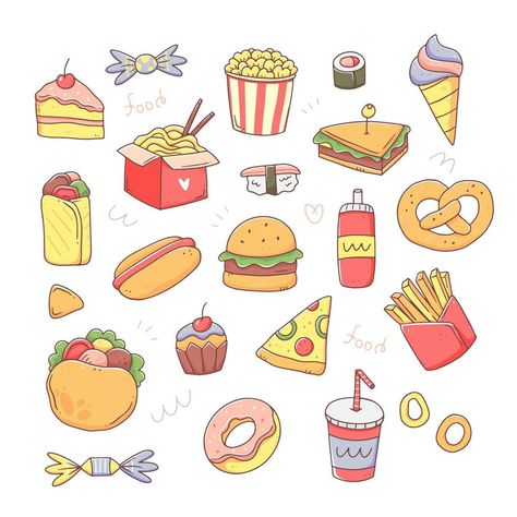 Fast food set of elements in a cute kawaii doodle style. Vector isolated junk food illustration. Fast Food Doodles, Food Doodle Art Illustrations, Junk Food Doodles, Junk Food Drawing, Snacks Drawing, Fast Food Illustration, Food Doodle, Kawaii Doodle, Food Doodles