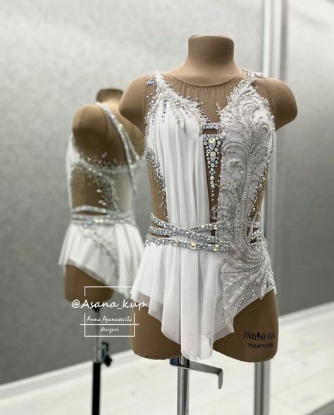 Rhythmic Gymnastics Costumes, Dance Moms Costumes, Twirling Costumes, Pretty Dance Costumes, Gymnastics Suits, White Leotard, Dance Uniforms, Dance Competition Dress, Gymnastics Costumes