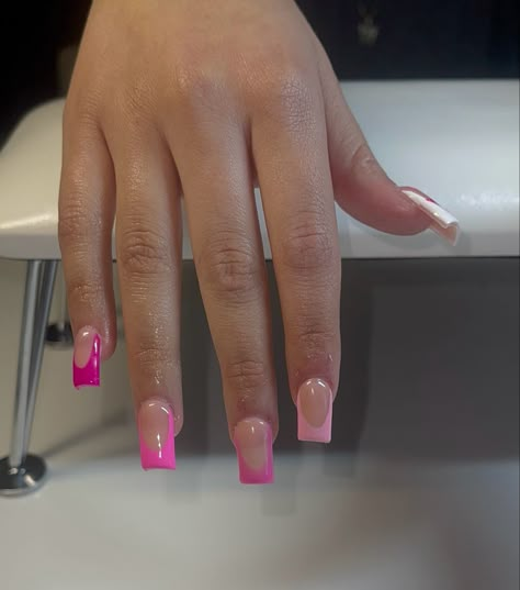 Short acrylics with shades of pink Shades Of Pink French Nails, Pink Nails With Different Shades, Different Pinks French Tip Nails, Different Shades Of Pink French Tips, Pink French Tip Nails Different Shades, 50 Shades Of Pink Nails, Shades Of Pink French Tip Nails, Different Shade Of Pink Nails, Different Shades Of Pink Nails French Tip