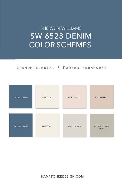 Try these coordinating color schemes using SW 6523 Denim color paint. These two palettes are great for Modern Farmhouse and Grandmillenial design styles but Denim is a good neutral paint color that can work in any home decor. #sw6523 #denim #sherwinwilliamspaintcolor #grandmillenial #modernfarmhouse Denim Color Scheme, Denim Blue Paint, Modern Farmhouse Color Palette, Craftsman Colors, Neutral Paint Color, House Color Palettes, Farm House Colors, Neutral Paint Colors, Sherwin Williams Paint Colors