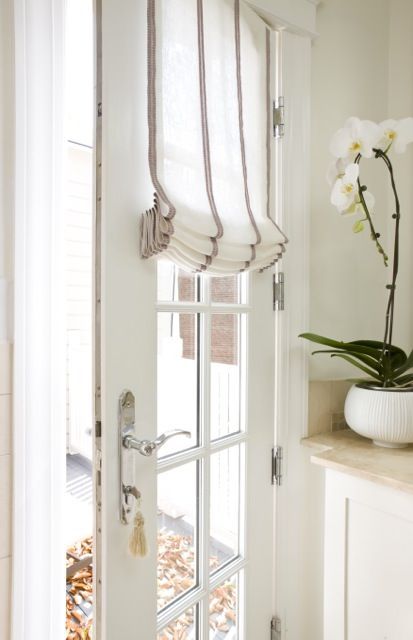 Sally Steponkus Interiors: Mudroom door with glass panes covered in French vintage grain sack fabric roman shade. French Door Window Treatments, Ideas Armario, French Door Windows, Door Treatments, Traditional Laundry Room, Door Shades, Fabric Roman Shades, Vintage Grain Sack, Door Window Treatments