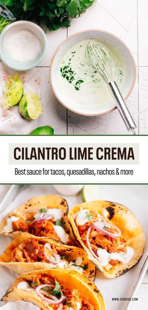 Elevate your tacos and Mexican dishes with the ultimate Cilantro Lime Crema! In just 2 minutes, you can whip up this creamy and flavorful sauce that's bursting with fresh cilantro and zesty lime. All you need is 5 ingredients - sour cream, mayonnaise, lime juice, fresh cilantro and kosher salt. It's the perfect topping to add a burst of freshness and tang to your favorite tacos, quesadillas, nachos and more. Find the full cilantro lime crema recipe and video tutorial on my blog. Taco Sauces, Cilantro Lime Crema Recipe, Wednesday Meals, Sauce For Tacos, Lime Crema Recipe, Cilantro Lime Crema, Taco Ideas, Fish Tacos With Cabbage, Spicy Fish Tacos