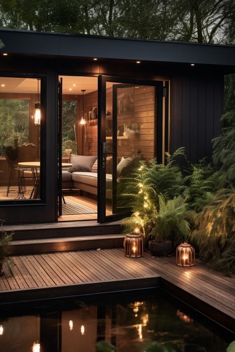 There's something special, warm and inviting about seeing a garden room glowing at the bottom of your garden, which our creative team have captured beautifully with this AI-powered design.⁠ All our ideas are fully buildable, based on our tried & tested designs - see our website portfolio for finished builds. ⁠ #intothegardenroom #gardenrooms #gardencabins Garden Room Floor Plan, Outdoor Garden Rooms Ideas, Garden Room Ideas Interior Design Decor, Garden Room Interiors Ideas, Garden Office Interior, Office Garden Outdoor, Modern Garden Room, Garden Room Design, Garden Office Ideas