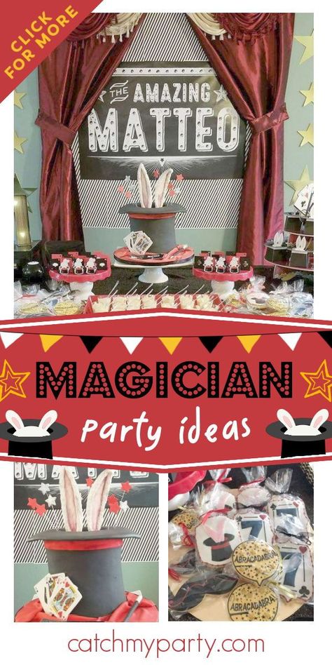 Magician Party Ideas, Magic Centerpieces, Magic Themed Cake, Magic Theme Cake, Magician Birthday Cake, Magic Party Food, Magic Birthday Party Theme, Two You Believe In Magic Birthday, Magician Birthday Party For Kids