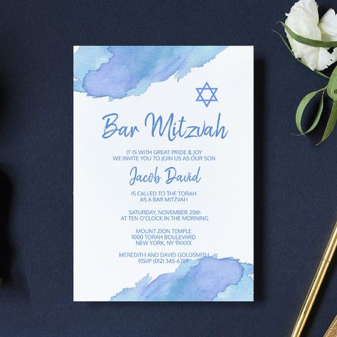 $2.30 | Modern Blue Watercolor Star of David BAR MITZVAH #bar mitzvah, bat mitzvah, torah, jewish, watercolor, blue, star of david, modern, cards, boy Light Watercolor, Script Letters, The Torah, Bar Mitzvah Invitations, Bat Mitzvah Invitations, Watercolor Blue, Modern Blue, Free Birthday Invitations, Free Birthday Invitation Templates