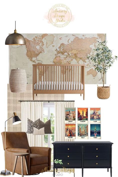 Portfolio Archive - Nursery Design Studio Beautiful Nursery Ideas, Decorating With Brown, Checkered Nursery, Travel Themed Nursery, Explorer Nursery, Nook Design, Travel Themed Room, Nursery Nook, Travel Theme Nursery