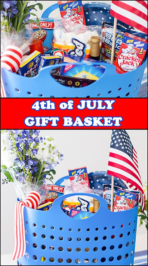 4th of July Gift Basket          www.joyineveryseason.com 4th Of July Gift Basket, Secret Pal Gifts, Summer Gift Baskets, Auction Basket, Raffle Basket, Raffle Baskets, Fourth Of July Food, 4th Of July Celebration, 4th Of July Decorations