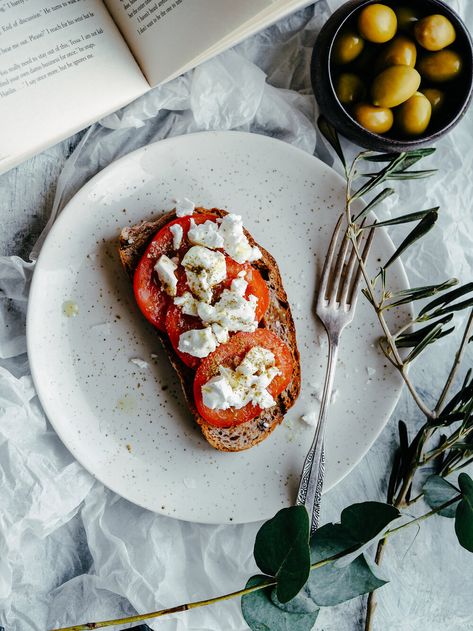 Greek Roasted Toast with Tomato, Olive Oil, Oregano and Feta Cheese — 100 Kitchen Stories Greek Toast, Olive Oil Toast, Feta Cheese Toast, Toast With Feta Cheese, Plant Based Trader Joes Recipes, Feta Toast, Feta Breakfast, Greek Bread, Western Dishes