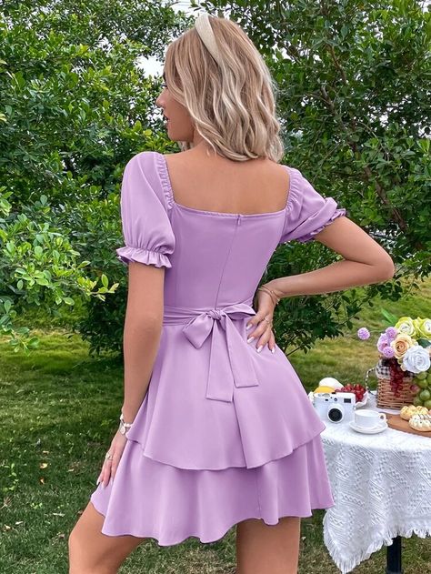 Sweetheart Neck Layered Hem Dress | SHEIN USA Layered Hem Dress, Dress Elegant Short, Light Purple Dress, Solid Midi Dress, Ruffle Trim Dress, Layered Dress, Trim Dress, Layer Dress, Sweet Dress