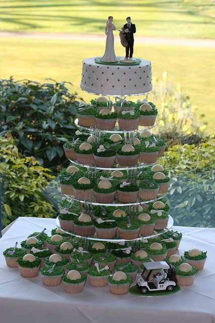 Golf Theme Wedding Cupcake Tower | @Stacie Rombach Mike might like this! Golf Grooms Cake, Golf Themed Wedding, Golf Wedding Cake, Golf Wedding Theme, Wedding Cupcake Tower, Camo Wedding Cakes, Cupcake Tower Wedding, Arboretum Wedding, Golf Wedding