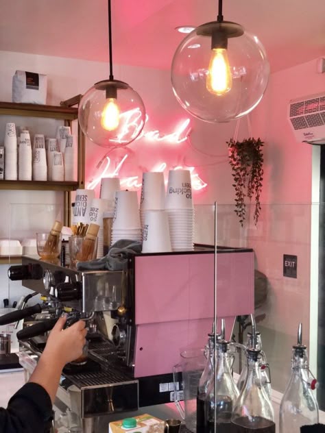 Coffee Dose 4 Coffee Meets Bagel, Coffee Trailer, Beach Coffee, Pink Cafe, Bakery Design Interior, Cute Coffee Shop, Coffee Shop Bar, Coffee Shop Aesthetic, Coffee Shops Interior