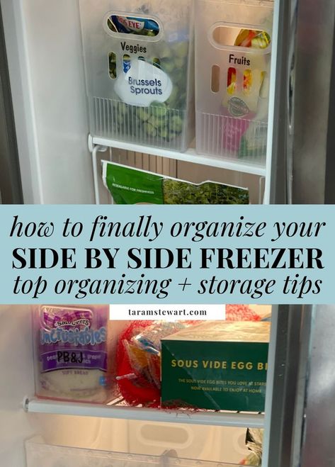 I'm sharing my top side by side freezer organization tips, ideas, and inspiration so that you can finally have organization and find things in your fridge freezer. These are easy organizing tips that are budget-friendly and will help improve the storage in your side by side freezer. These organzing ideas are helpful if you have a small freezer or if you have a large freezer. These are the top freezer organization tips you need to get that organized feeling for your kitchen fridge and freezer. Side By Side Freezer Organization, Top Freezer Organization, Side By Side Fridge Organization, Freezer Storage Organization, Organizing Storage, Tips For Organizing, Clear Bins, Freezer Organization, Small Kitchen Organization