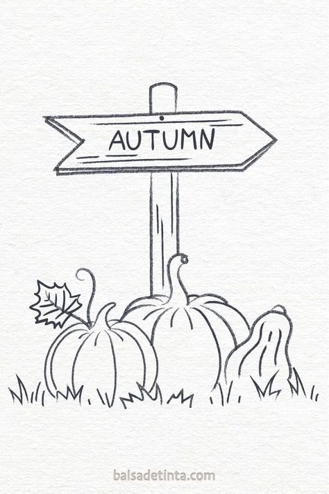 Señal que indica "AUTUMN" con calabazas alrededor. Autumn Drawing Ideas Pencil, Fall Drawing Ideas Pencil, Fall Sketches Easy, Fall Doodles Easy, Autumn Drawing Pencil, Halloween Pencil Drawings, Whiteboard Art Ideas, Fall Doodles Autumn, Fall Whiteboard Art