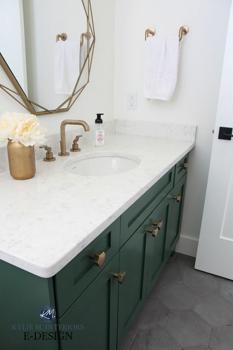 The 6 Best Paint Colours for a Bathroom Vanity – Including White! Gray Hexagon Tile Floor, Gray Hexagon Tile, Green Bathroom Vanity, Hexagon Tile Floor, White Countertop, Green Vanity, Painted Vanity, Fixtures Bathroom, Hexagon Tile