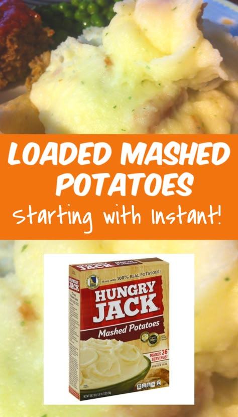 This Loaded Mashed Potatoes Recipe is an easy way to turn an ordinary box of instant mashed potatoes into something special and DELICIOUS! #potatoes #mashedpotatoes #sidedish #easyrecipe Instant Mashed Potatoes Recipes, Easy Loaded Mashed Potatoes, Hungry Jack Potatoes, Loaded Mashed Potatoes Recipe, Boxed Mashed Potatoes, Mashed Potatoes Recipes, Loaded Mashed Potato Casserole, Delicious Potatoes, Mashed Potato Recipe