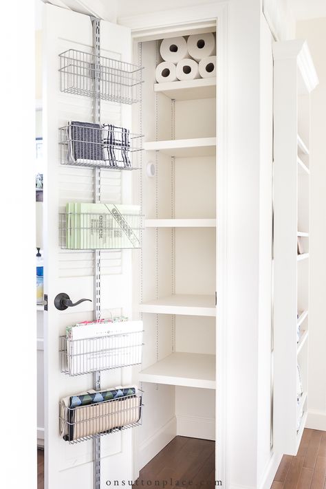 Shelves Small Closet, Small Deep Closet, Diy Small Closet, Small Closet Shelving, Townhouse Bathroom, Small Closet Makeover, Linen Closet Makeover, Small Linen Closets, Deep Closet