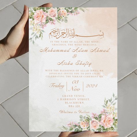 ✨ Make your Nikkah extra special with a personalised printable invitation template! 💌 Simply provide us with the details and we'll create a customised card just for you. 🌸 #NikkahInvitation #MuslimWedding #PersonalisedCard #IslamicWedding #PrintableInvitation ✨ Nikkah Ceremony Invitation Card, Wedding Invite Cards Design, Pakistani Wedding Invitations Cards, Nikkah Cards Invitations, English Wedding Invitation Card, Islamic Wedding Invitations Template, Muslim Wedding Invitation Card Design, Nikkah Invitation Cards, Pakistani Wedding Invitations