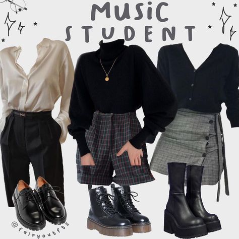 credit: @fairyoutfts on ig | music student college outfit inspo university fashion classes college class outfits Music Class Outfit, Fashion Student Outfit Aesthetic, Music Outfit Aesthetic, Outfit To Class College, Clothes For Class College, Musical Academia Outfit, Outfit Ideas College University, Clothes For University Outfits, Uni Style Student