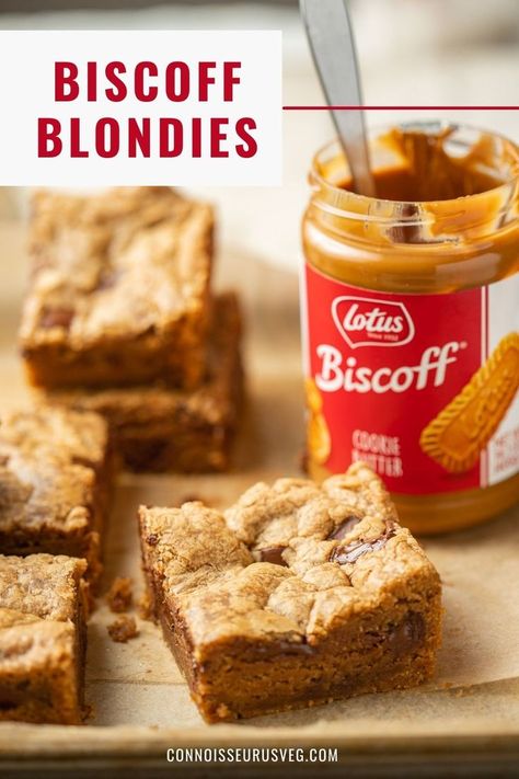 Eggless Blondies, Eggless Blondies Recipe, Vegan Cookie Bars, Blonde Brownie Recipe, Biscoff Blondies, Biscoff Cookie Recipe, Blondies Cookies, Vegan Blondies, Blondie Bars