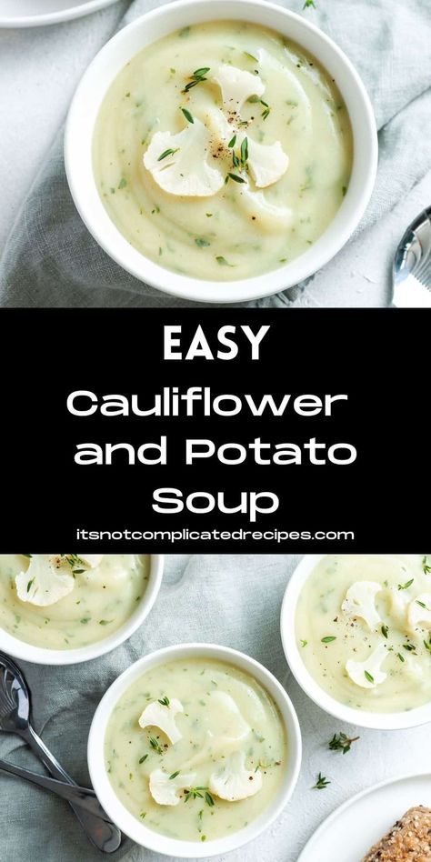 Cauliflower and Potato Soup is satisfying, smooth and creamy. Using potatoes to provide a creamy texture, this soup is extremely nutritious, vegan and quick and easy to make. Ideal for a healthy lunch or dinner, this soup will become a new family favourite. Serve with some crusty bread for a hearty and comforting meal. #cauliflowerpotatosoup #cauliflowerandpotatosoup #cauliflowersoup #vegansouprecipes #cauliflowerrecipes #cravecookconsume #itsnotcomplicatedrecipes Cauliflower And Potato Soup, Cauliflower And Potato, Cauliflower Potato Soup, Warm Soup Recipes, Complicated Recipes, Cauliflower Potatoes, Creamy Cauliflower Soup, Cauliflower Soup Recipes, Cauliflower Dishes