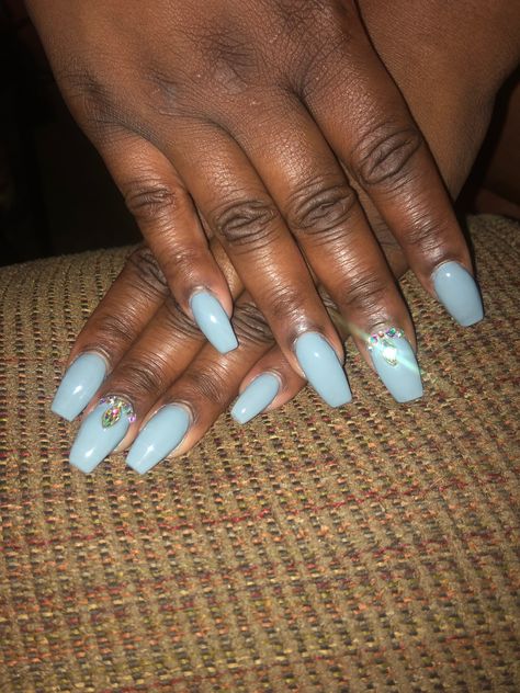 Grey Acrylic Nails with Rhinestones Gray Acrylic Nails With Rhinestones, Gray Nails With Rhinestones, Powder Blue Nails With Rhinestones, Teal Nails With Rhinestones, Multicolored Rhinestone Nails, Grey Acrylic Nails, Rhinestone Nails, Acrylic Nails, Nails