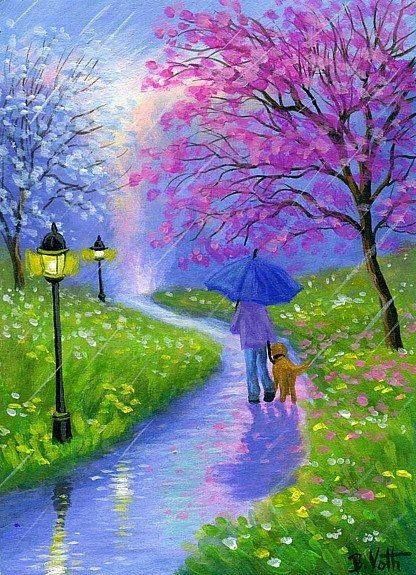 walking in the rain with the pooch  #Rainy #weather #shower #spring #rain #park #storm #rainfall #rainwater #art Rain Illustration, Rain Painting, Rain Art, Creation Photo, Umbrella Art, Birthday Activities, Walking In The Rain, Canvas Painting Designs, Art Painting Gallery