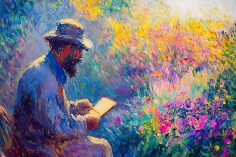 Colorful Impressionist Canvas Print of a Bearded Man Reading Amidst Vibrant Floral Landscape Home Decor Wall Art by CustomCanvasCurators Step into the tranquil world of Impressionism with our latest artwork! 🎨 Dive into the serene scene of a contemplative man immersed in a vibrant floral landscape, capturing the essence of tranquility and reflection. Perfect for any space, this captivating canvas print brings nature's beauty indoors and makes a thoughtful gift for art enthusiasts. Let this ... Digital Impressionism, Impressionism Flowers, Sound Waves Design, Man Reading, Waves Design, Floral Landscape, Impressionist Artists, Bearded Man, Custom Canvas Prints