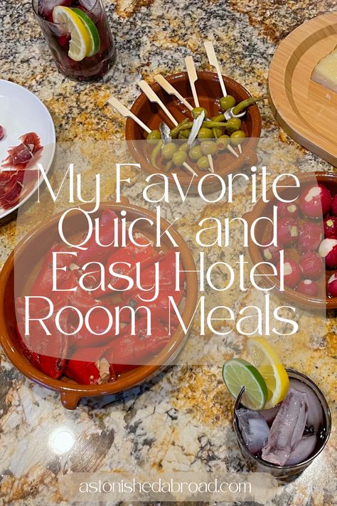 Easy Moving Meals, Hotel Room Charcuterie Board, Hotel Room Meals Ideas, Easy Meals To Make In A Hotel Room, Travel Meals No Cook, Make Ahead Meals For Hotel Stay, Hotel Room Cooking Hacks, Crockpot Hotel Cooking, Hotel Kitchenette Meals