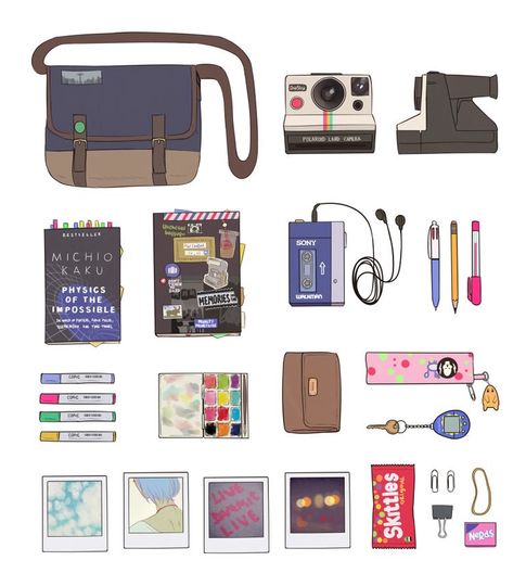 Max Caufield, Sleepover Essentials, Max Caulfield, Arcadia Bay, January Blues, Bag Illustration, Gacha Props, Inside My Bag, Drawing Accessories