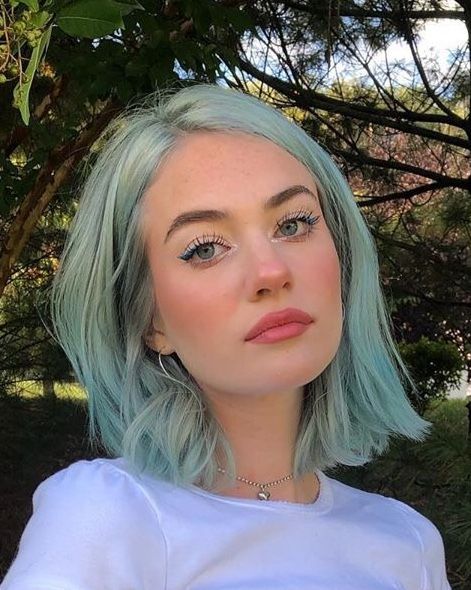 Short Periwinkle Hair, Sage Hair Color, Short Blue Hair Bob, Light Blue Short Hair, Pastel Teal Hair, Short Pastel Hair, Short Light Blue Hair, Pastel Blue Hair Color, Pastel Hair Short