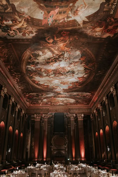 The magnificent Painted Hall at the historic London wedding venue, The Old Royal Naval College Wedding. Grace Pham Photography. Historic Wedding Venues, Old House Wedding, Old Royal Naval College, Historic London, College Wedding, London Theme, Sustainable Flowers, London Wedding Venues, Naval Academy