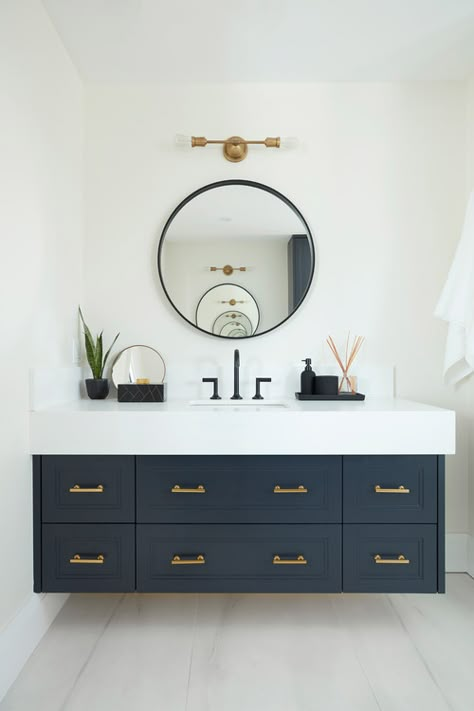 Navy Blue Bathrooms, Navy Bathroom, Blue Bathroom Vanity, Metal Wall Mirror, Boys Bathroom, Basement Bathroom, Upstairs Bathrooms, Bathroom Redo, Blue Bathroom