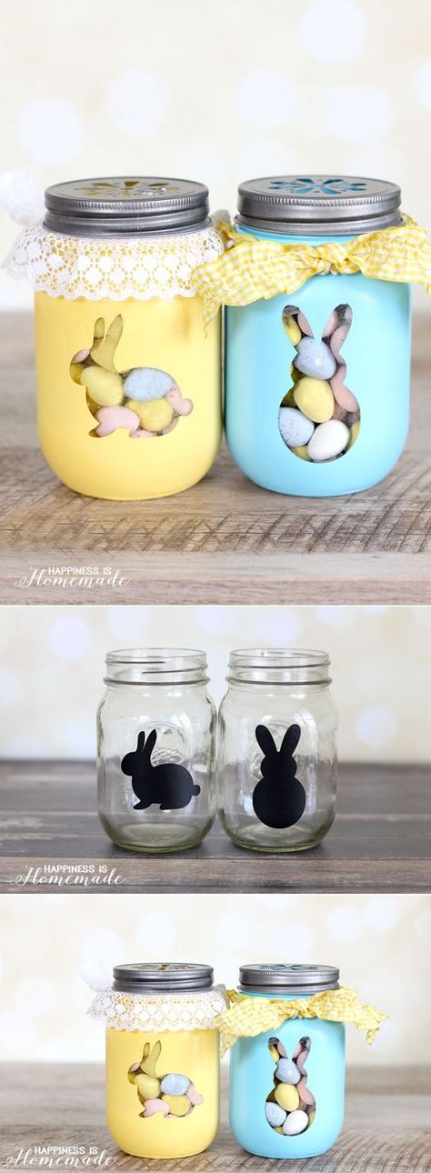 Easter Bunny treat jars - so cute! These are really easy to make and are such lovely gifts! More ขวดโหล Mason Jar, Mason Jar Favors, Easter Bunny Treats, Bunny Treats, Cute Diy Projects, Skirt Diy, Easter Centerpiece, Easy Easter Crafts, Office Decorations